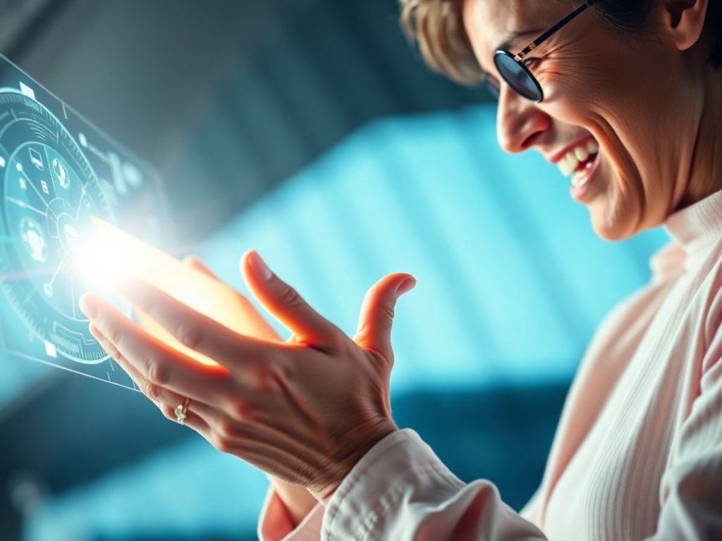 Celebritate interacționând cu tehnologie avansată futuristă, luminoasă.