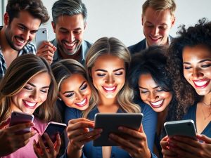 Main page 13 Celebrități zâmbesc, navigând pe telefoane mobile, pe rețele sociale.