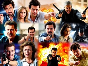 Actori populari în scene dinamice din filme cunoscute.