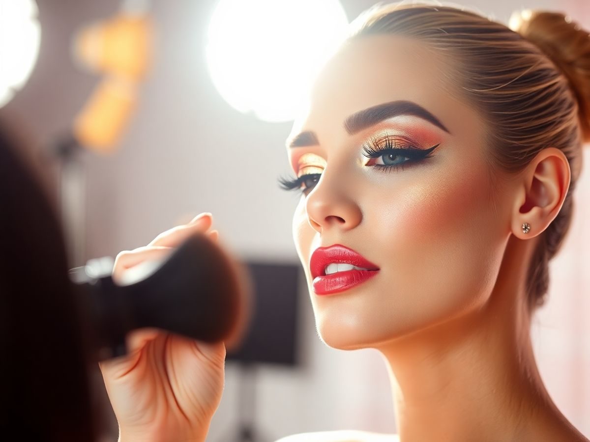 Modelă aplicând fard auriu, buze lucioase, gene voluminoase, sprâncene conturate