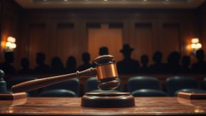 Vedete în sala de judecată, ciocanul judecătorului.