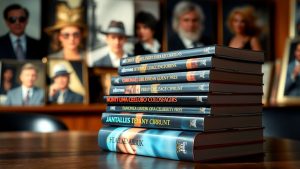 Main page 13 Cărți biografice ale vedetelor aranjate pe o masă de lemn.
